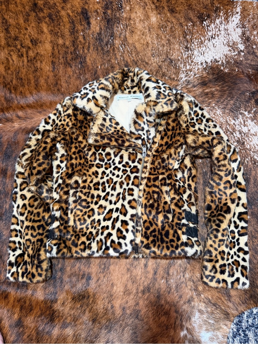 Rebecca Minkoff Hudson Leopard Faux Fur Moto Jacket Asymmetrical Zip XXS NWOT